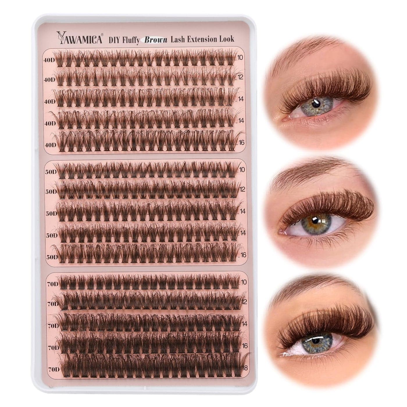 Yawamica Brown Lash Clusters Fluffier Eyelash Extension 1016mm Individual Lashes D Curly Eyelash Clusters 40D50D70D Volume 300pcs Cluster Lashes Pestaas Pelo a Pelo DIY Lash Extension at Home