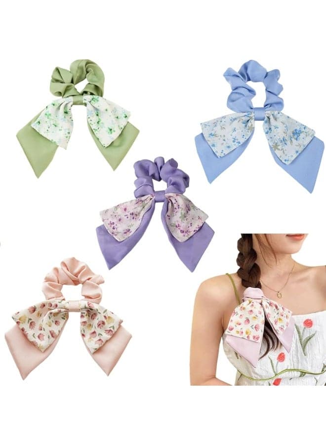 4 Pcs Scrunchies for Girls, Fashion Floral Hair Scarf with Ribbon, Bow Hair Scrunchies, Chiffon Floral Scrunchy Long Hair Bands Ties, Hair Ties Scrunchies Ponytail