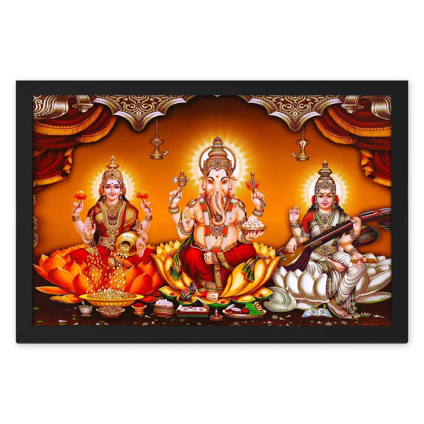 Ritwikas Laxmi Ganesh Saraswati Religious Diwali Pooja Painting With Black Frame Abstarct For Home Office Decor Size 135 x 95 inch Set of 1 Multi Colour