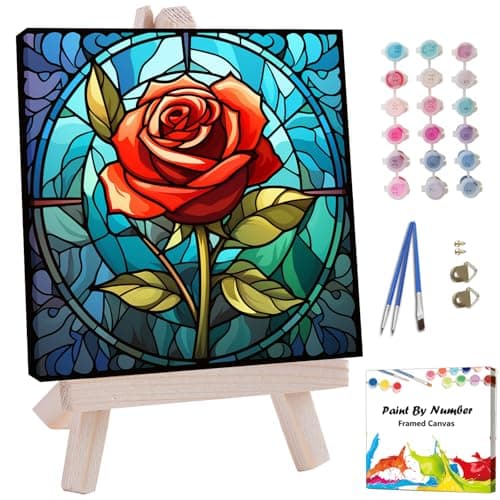 Artunion Framed Paint by Numbers Kit for Adults Beginners Kids Ages 812Red Rose Flower Paint by Number with Frame Stained Glass Paint by Numbers Kit on Canvas 10 10 Inch Without Easel