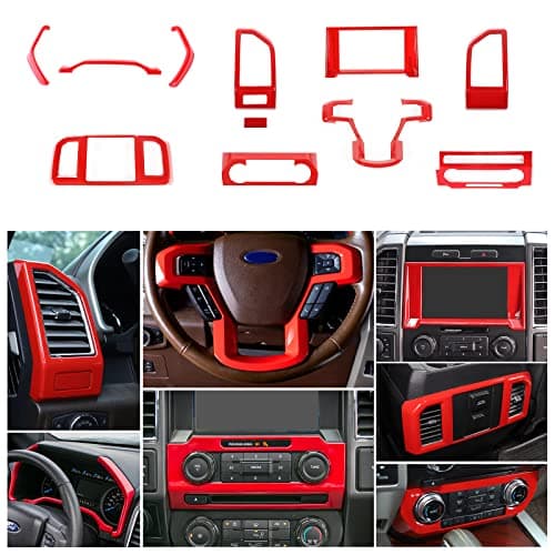 JeCar 11PCS Interior Decoration Trim Kit for Ford F150 2015-2020 Steering Wheel & Center Console Trim Dashboard & Rear Air Conditioner Vent Cover (Red)