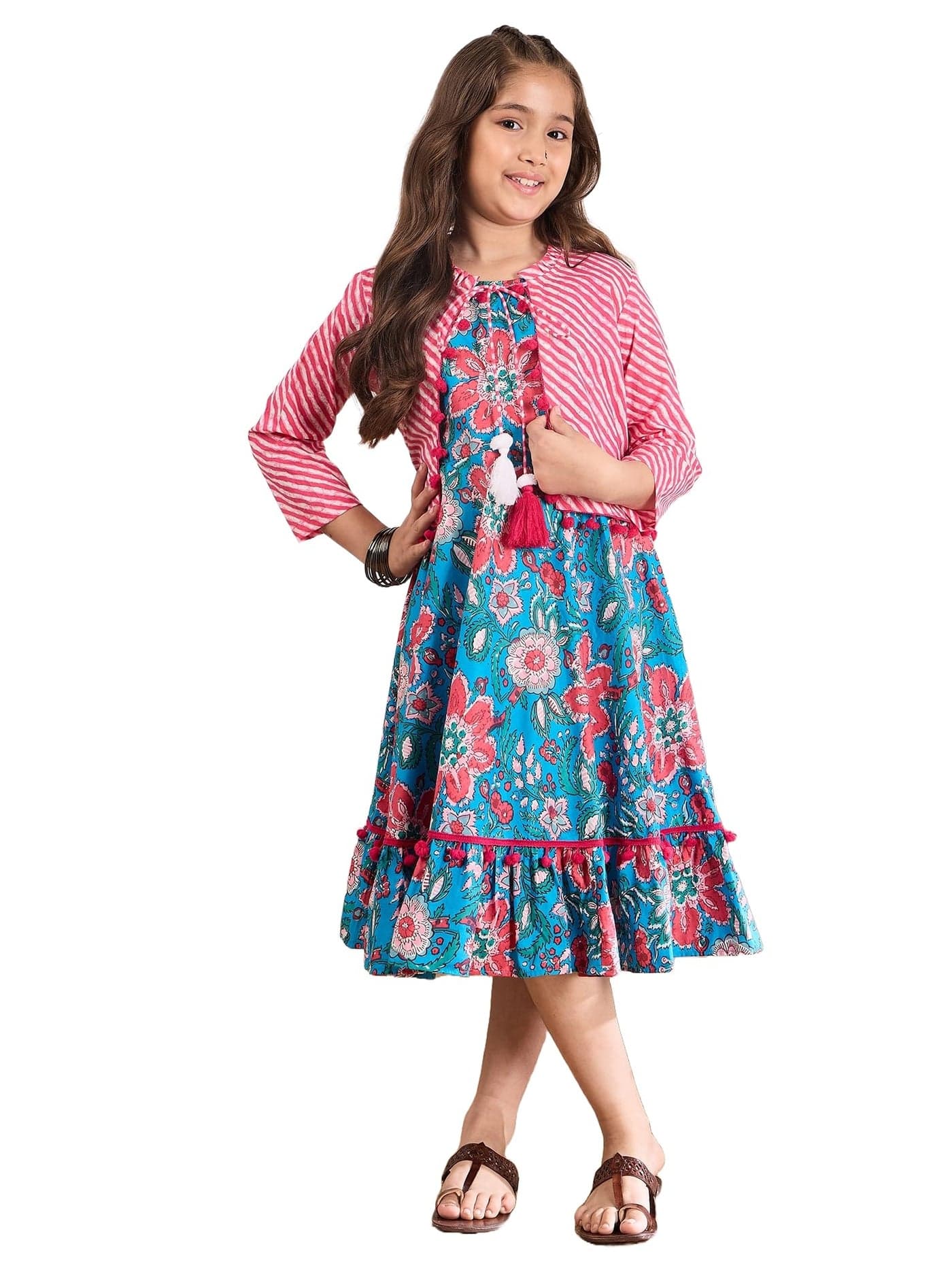Pspeaches Girls Cotton Round Neck Floral Print 2 Piece Dress With Cape|Indo-Western For Kids Girls|Casual Wear & Party Outfit 8-10 Year Blue & Pink