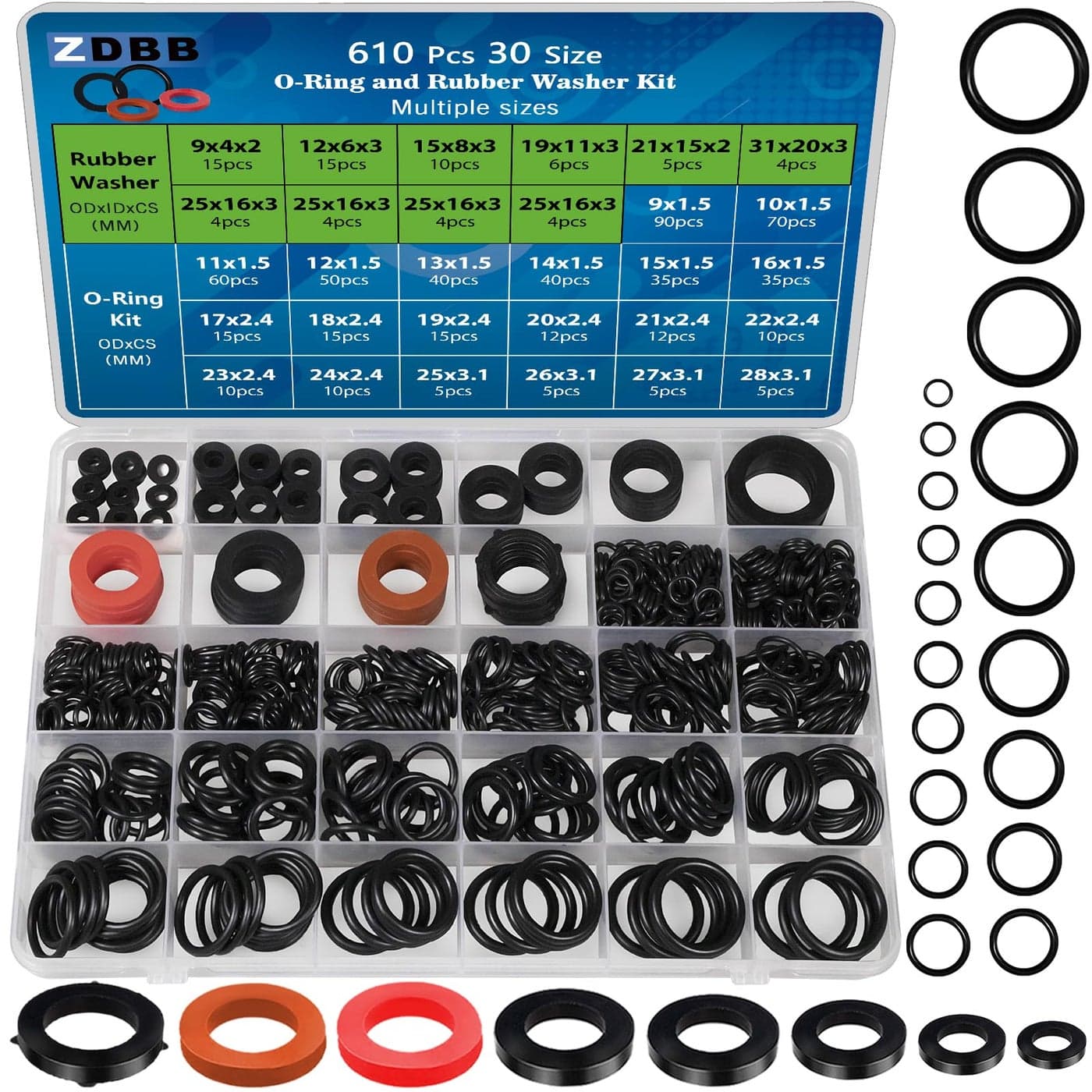 ZDBB 7 Size Water Hose Gasket and 20 Size O Ring Rubber Washer Assortment Kit 610 Pcs Nitrile Washers Set for Plumbing Faucet Pipe Hose Shower Head Pressure Washer Sealing Repair OD 9-31MM