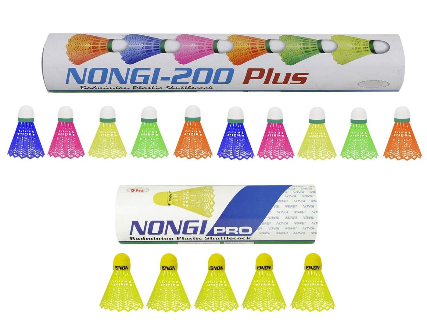 Nongi Combo Pack of 15 Shuttlecocks Pro(5 Yellow Plastic), 200 Plus(10 Multicolor Plastic) for Outdoor Indoor Sports