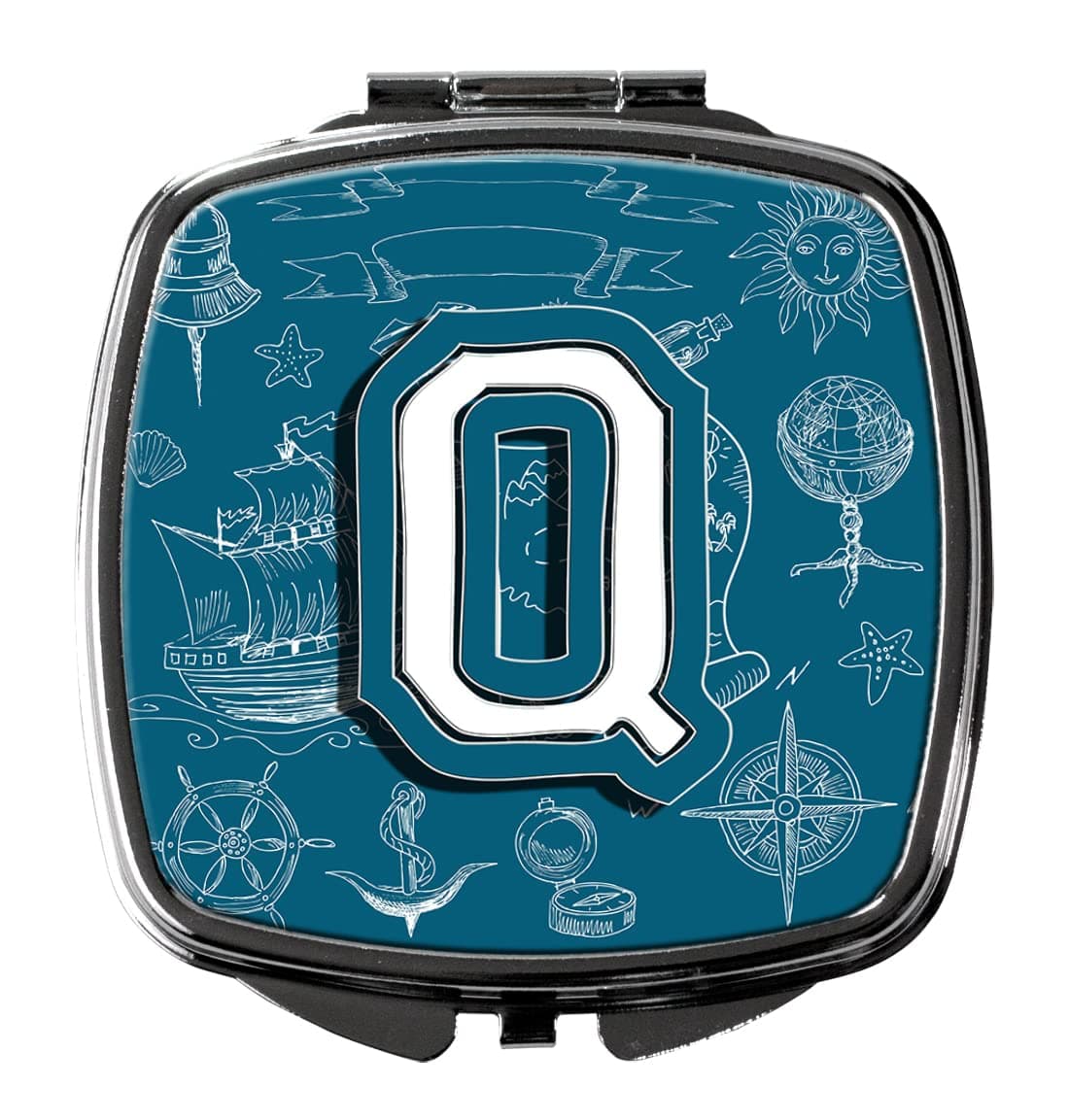 Caroline's Treasures CJ2014-QSCM Letter Q Sea Doodles Initial Alphabet Compact Mirror Decorative Travel Makeup Mirror for Women Girls Gifts Pocket Makeup Mirror Folding Handheld