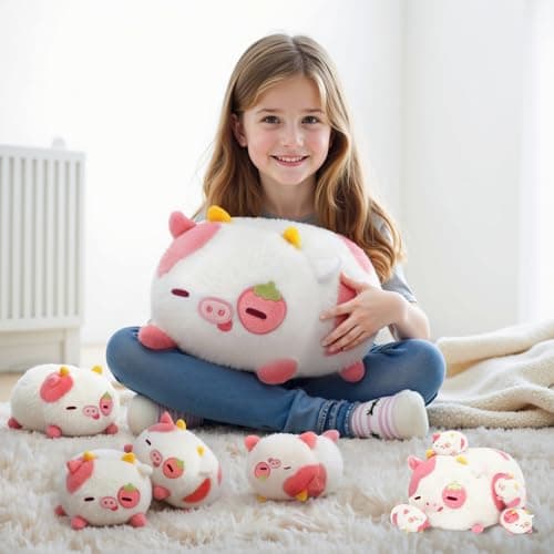 Mewaii Strawberry Cow Plush Toy 5PCS Soft Fluffy Mommy Cow with 4 Squishy Babies Kawaii Huggable Stuffed Animal for Kids Teens Adults Adorable Gift for Cuddles