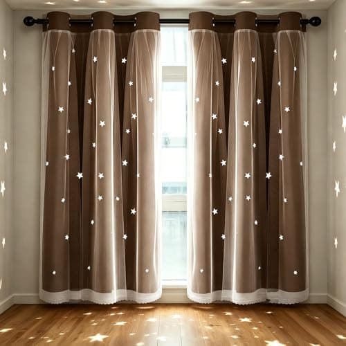 Kinryb 63 Inch Long Star Cut-Out Blackout Curtains for Bedroom Mix and Match Curtain for Kids Girls Bedroom Thermal Insulated Drape 42" W x 63" L Coffee 2 Panels