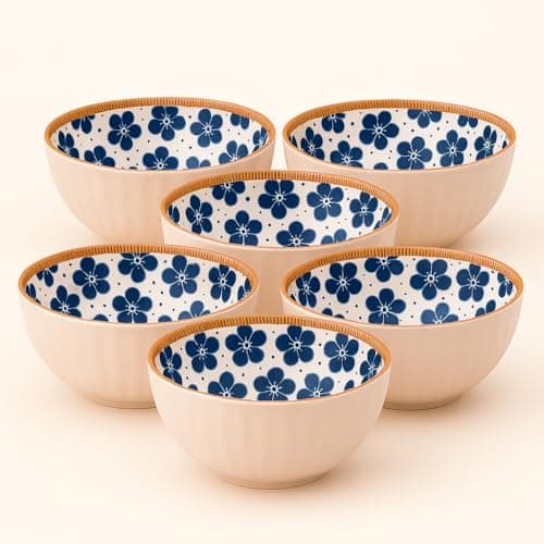 YELONA Ceramic Bowls Set of 6 – 300ml | Japanese Style Serving Bowls with Big Blue Floral Design | 11.5cm Diameter | Microwave & Dishwasher Safe | Lead-Free Glazed Interior | Elegant Beige Exterior