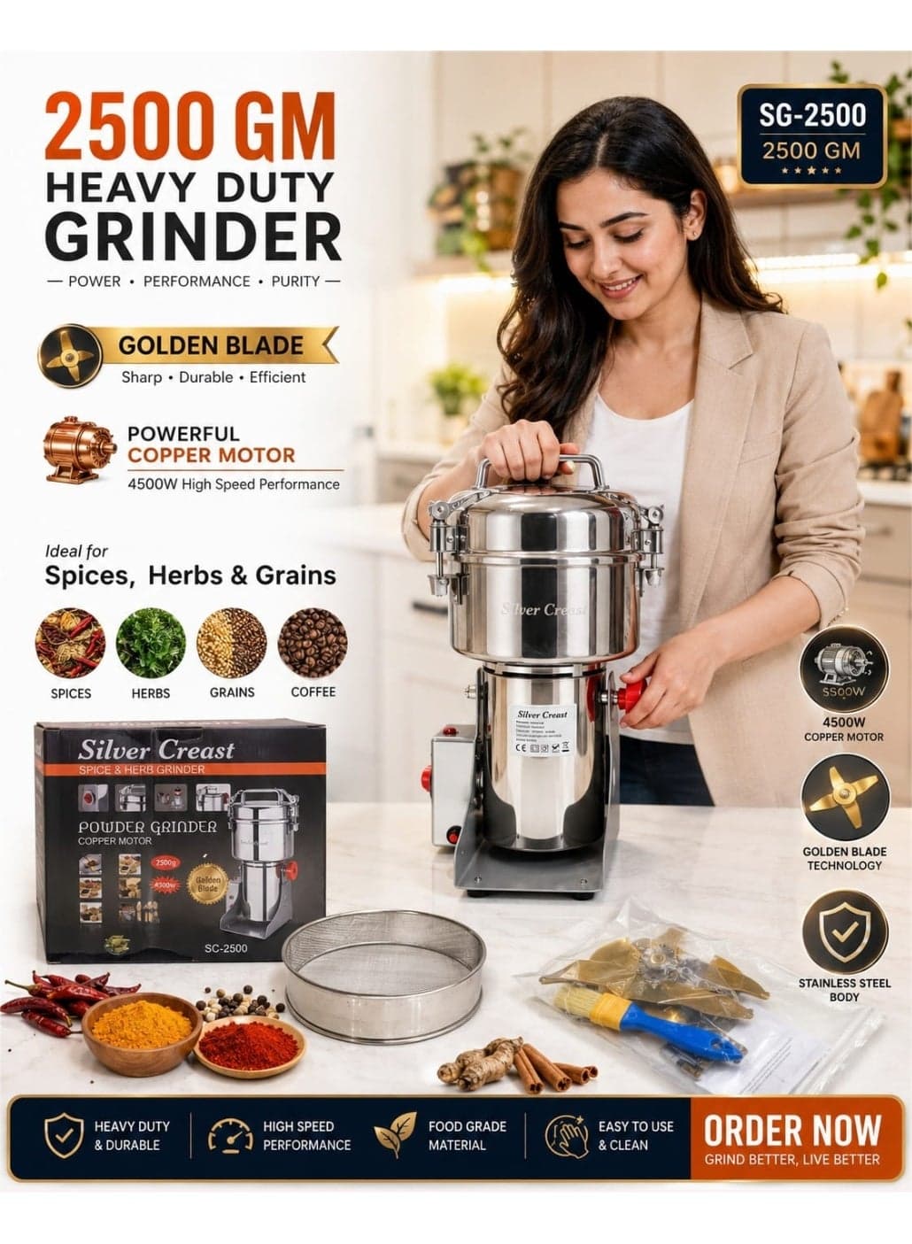 Silver Crest 2500GM Heavy Duty Grinder Machine with 4500W Copper Motor and Golden Blade for Spices, Herbs, Grains & Coffee powerful grinding with the Silver Crest 2500GM grinder featuring a high-performance 4500W copper motor, durable golden blade, stainless steel body, and fast grinding technology.