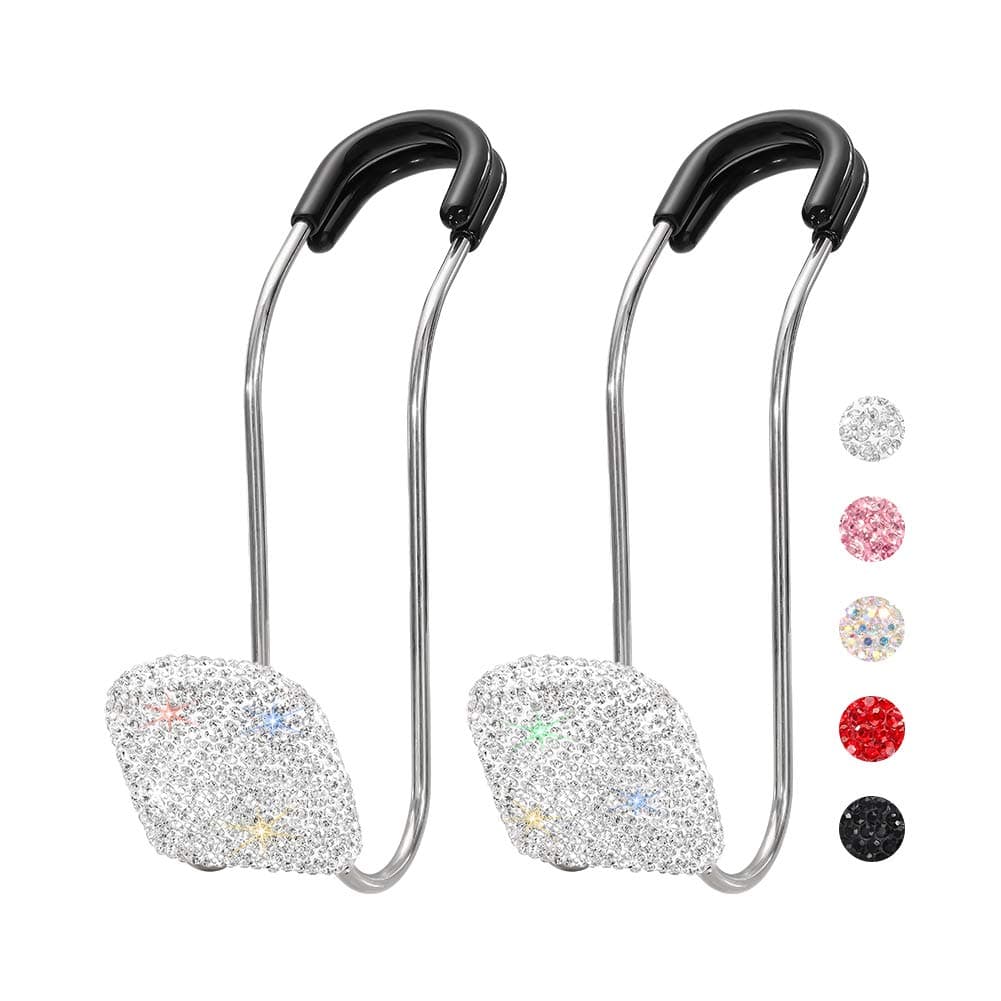 SAVORI Car Headrest Hooks Bling Car Accessories Rhinestones Universal Auto Back Seat Headrest Metal Hanger Organizer Vehicle Holder for Bag Purse Clothes Grocery 2PCS White