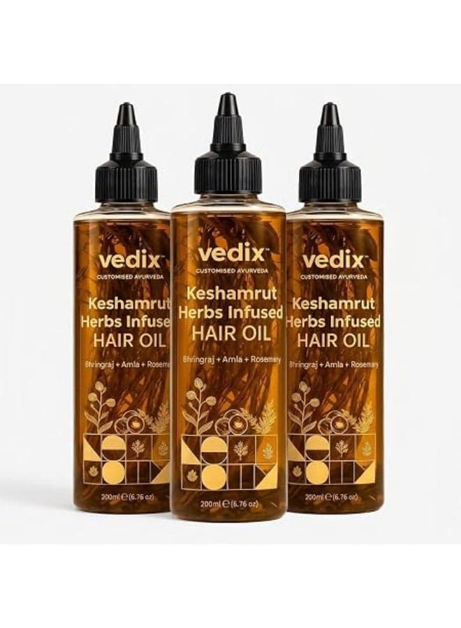 Vedix Keshamrut Herbs Infused Ayurvedic Hair Oil With Bhringraj, Amla & Rosemary I Control Hair Fall & Boost Hair Growth I 16+ Whole Herbs, Leaves & Flowers I No Mineral Oils & Chemicals (Pack of 3)