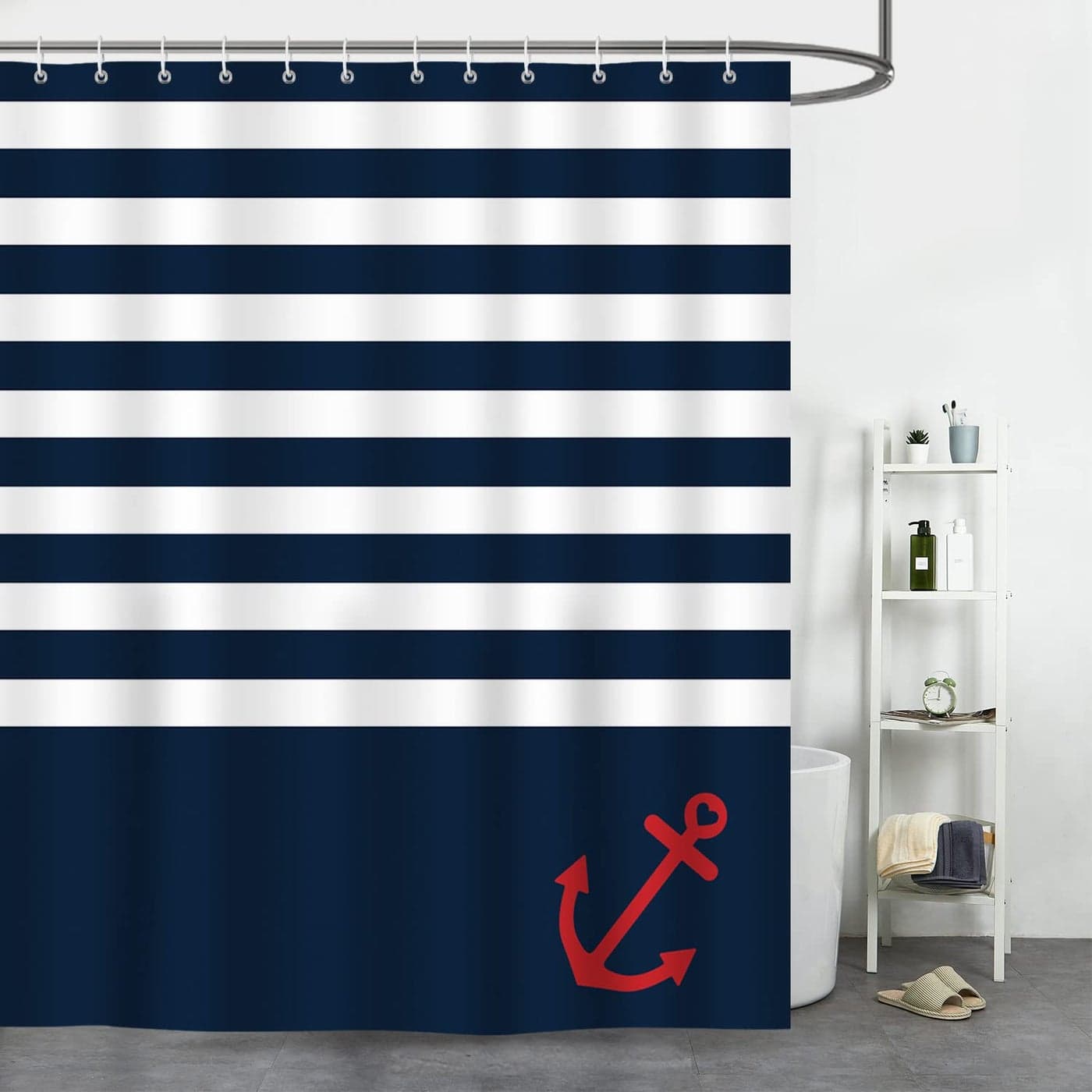 Bonhause Nautical Stripe Shower Curtain Navy Blue Anchor Bathroom Curtain 72 x 72 Inch Polyester Fabric Waterproof Bath Curtain with 12 Hooks