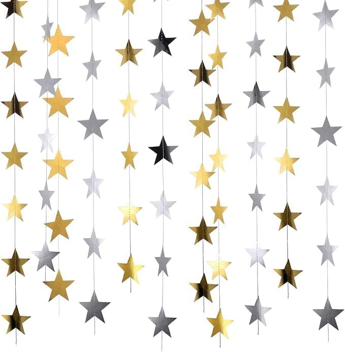 Pop The Party Silver & Golden Star Bunting Garland (Pack of 2) – Shiny Paper Hanging Banner for Birthday, Wedding, Baby Shower, Christmas & Party Decorations