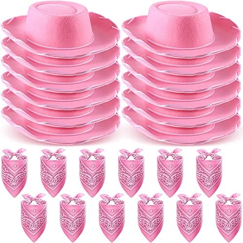 24 Pieces Cowboy Hats and Bandanas for Kids Western Cowboy Costume Hat Accessories for Toddler Child Western Theme Birthday Party Supplies Halloween Costume DressPink