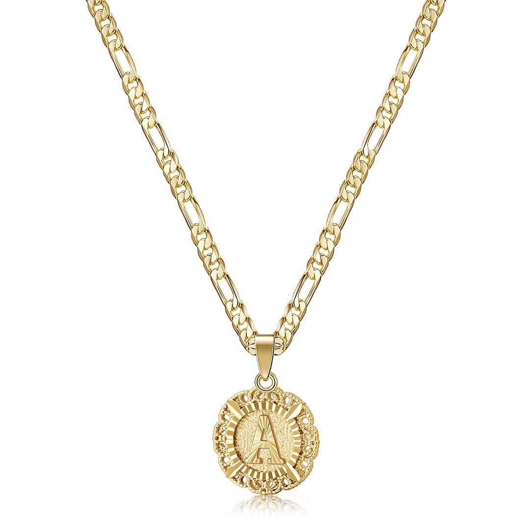KissYan Initial Necklace for Women,14K Gold Plated Round Letter Pendant Necklace Capital Monogram Necklace Alhpabets from A-Z Figaro Chain Necklace(Gold A)