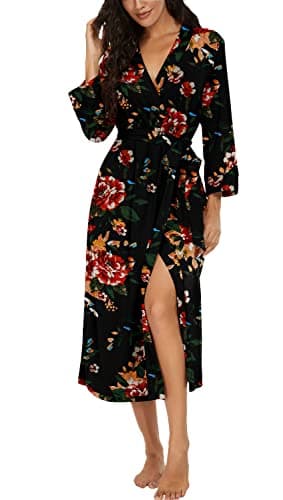 VINTATRE Women Kimono Robes Long Knit Bathrobe Lightweight Soft Knit Sleepwear V-neck Casual Ladies Loungewear FP-Brown Black-Small