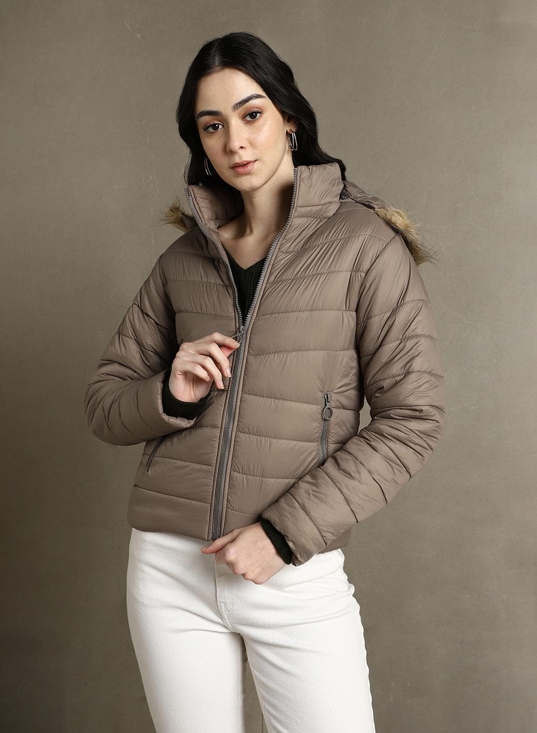 Women's Brown 100% Polyester Solid Regular Fit Jacket