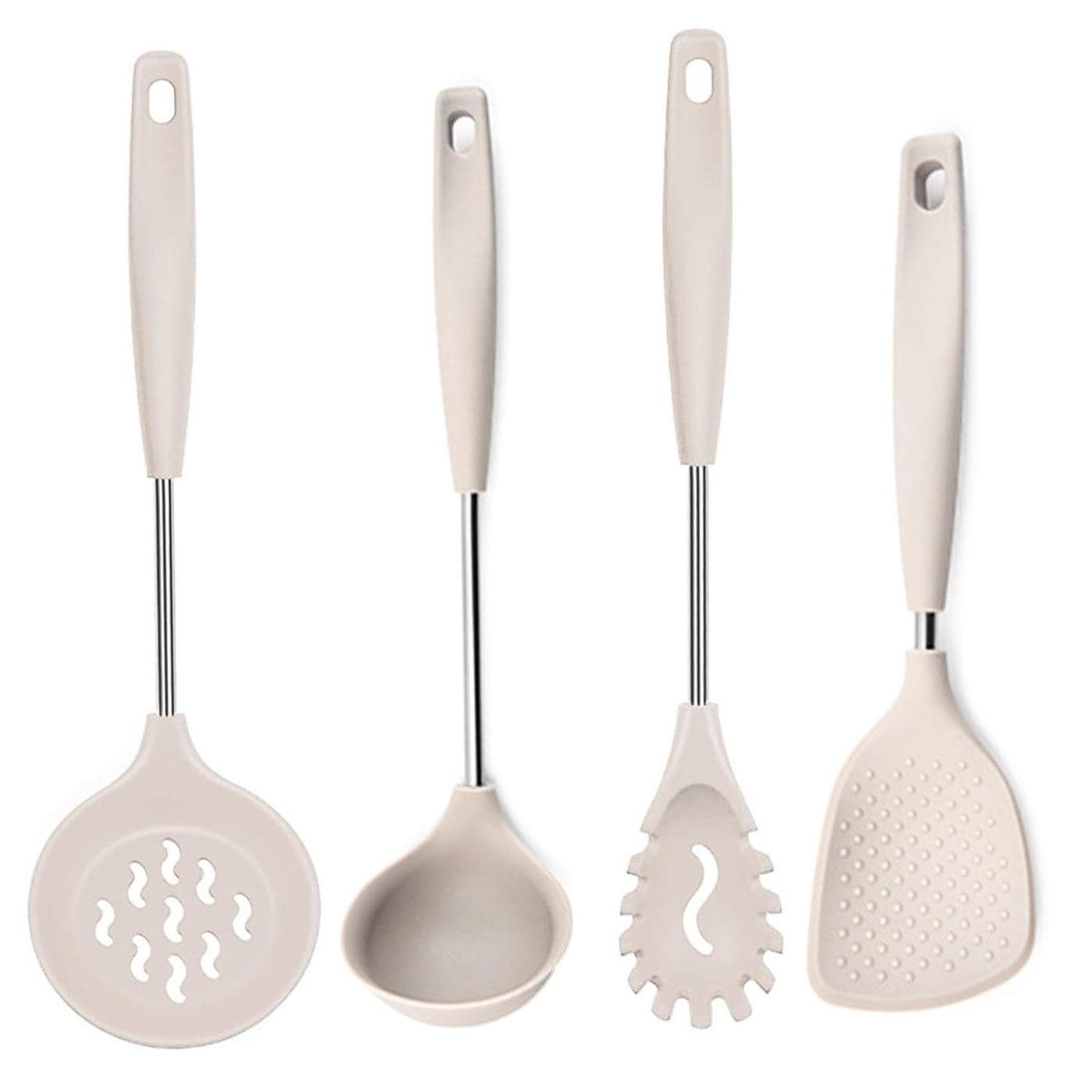 P Plus Fire Silicone Spoon for Cooking Silicone Noodle Spatula Flatware Rice Scooper Skimmer Spoon for Frying Poori Strainer Non Stick Spoon Pasta Server Rice Server Set of 4 Cream