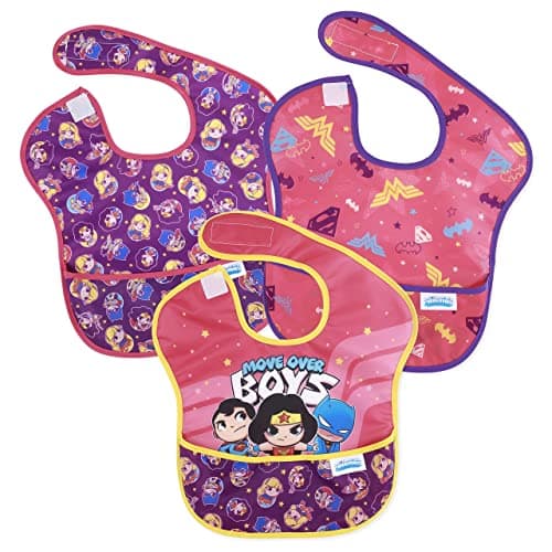 Bumkins Bibs for Girl or Boy, SuperBib Baby and Toddler 6-24 Months, Essential Must Have for Eating, Feeding, Baby Led Weaning Supplies, Mess Saving Catch Food, Fabric, 3-pk DC Comics Move Over Boys