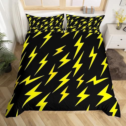 Lightning Pattern Duvet Cover Queen Size Yellow and Black Comforter Cover with 2 Pillowcase for Teens Adults Kids Lightning Sign Bedding Set Modern Cool Breathable Decorative Bed CoverNo Comforter