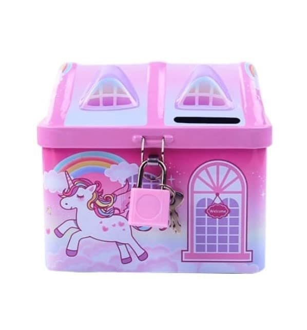 WISHKEY Cute & Colorful Unicorn Printed Metal Piggy Bank With Secure Lock & Keys For Kids, House Shaped Money Saving Storage Coin Collection Box For Girls, Children (Pack Of 1, Multicolor,Classic)