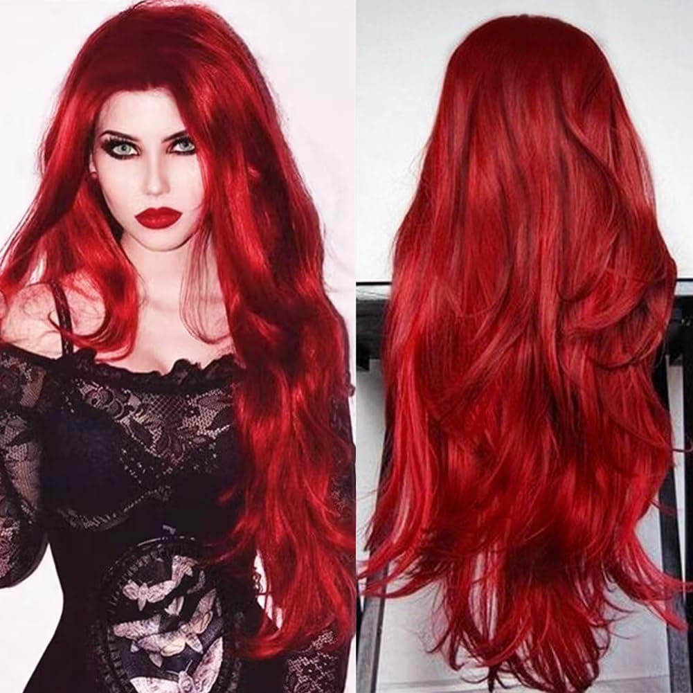 Swiking Red Long Wigs for Women Curly Wave Middle Part Wig Natural Looking Wig Wavy Synthetic Hair for Daily Party Halloween Wear