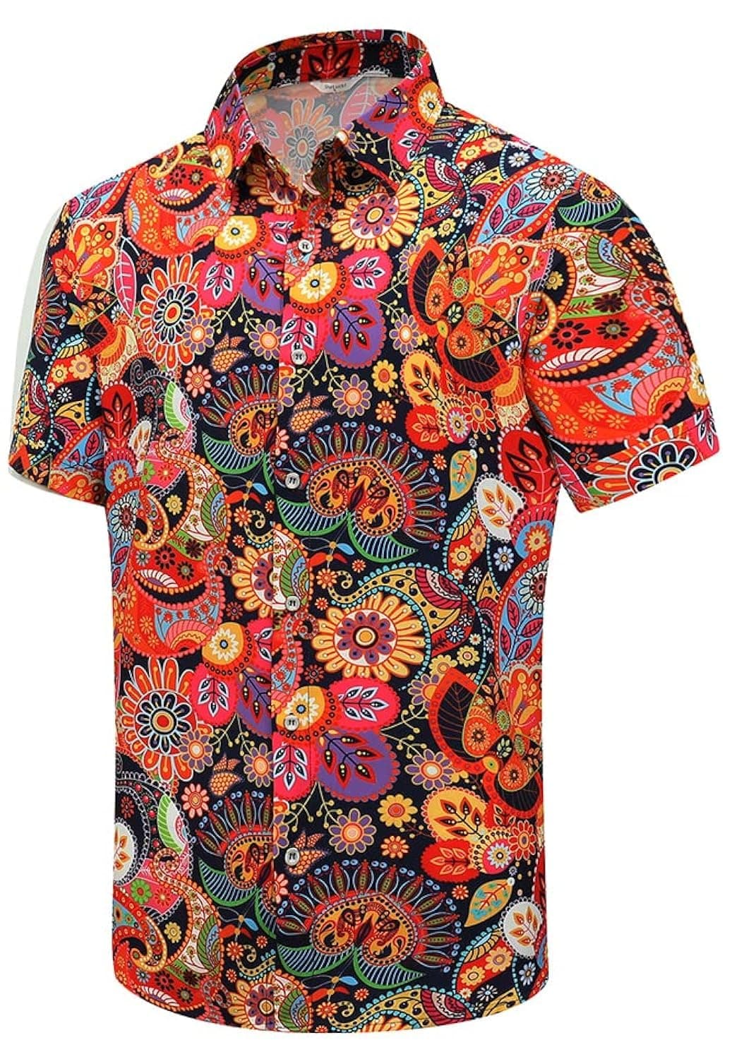 SheLucki Hawaiian Shirt for Men Unisex Summer Beach Casual Short Sleeve Button Down Shirts Printed Palmshadow Clothing Paisley Colorful S
