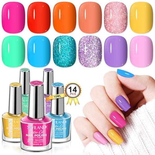 SAVILAND Quick Dry Nail Polish Set 14 Pcs Neon Summer Nail Polish Fast Dry Hot Pink Red Glitter Nail Polish Regular Fingernail Polish Non Gel with BaseTop Polish for Manicure Nail Art