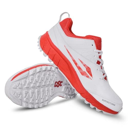 DSC Super Storm Cricket Shoes | Color: Red/White | Size: 6 UK/ 7 US/ 40 EU | Material: PVC | for Men & Boys | Lightweight and Durable | Breathable Mesh | Multidirectional Grip and Improved Traction