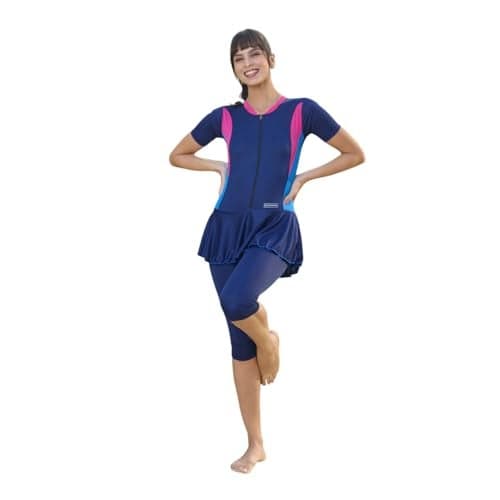 ROVARS Poly Spandex Half Sleeves Three Fourth Frock Style Swimming Costume for Women with Removable Chest Pads (in, Alpha, 2XL, Regular, Navy)