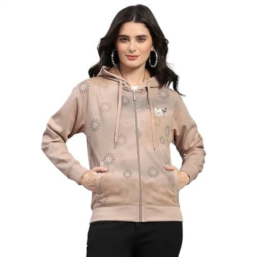 Monte Carlo Women's Regular Fit Printed Hooded Zipper Full Sleeve Winter Sweatshirt | Warm Pullover for Ladies | Comfortable Casual Winter Wear for Women's Camel Brown XXL