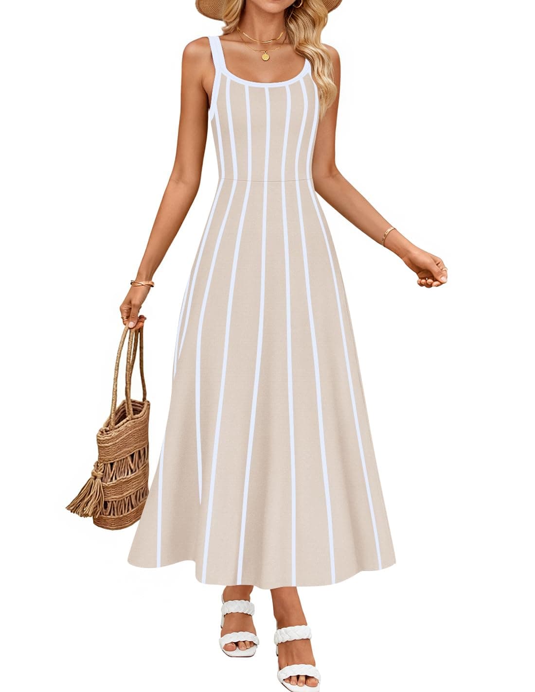 ZESICA Womens 2025 Summer Sleeveless Striped Midi Dresses Casual A Line Swing Knit Long Dress Beach Vacation Clothes,Apricot,Small