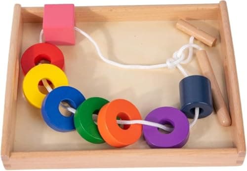 Adena Montessori Wooden Lacing with Tray Stringing Bead Set ToyMontessori Wooden Beads Shape Sequencing Set for 1 2 3 Year Old ToddlerFine Motor Skills Preschool Educational Learning for Kids Gifts