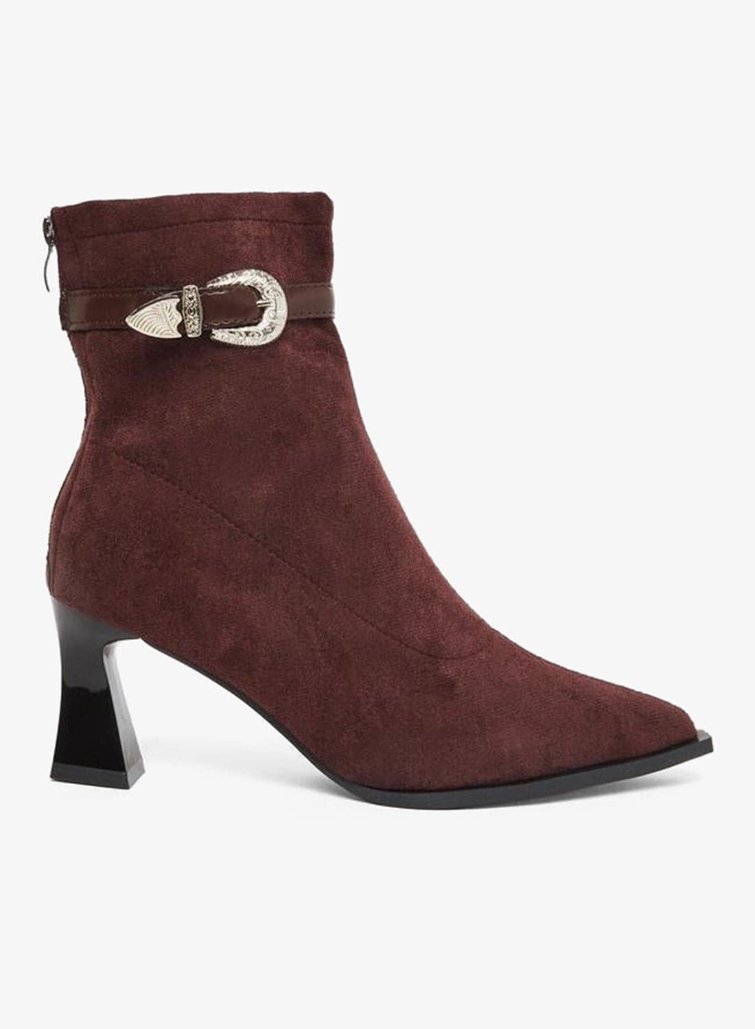 Women Burgundy Suede Buckle Detail Ankle Boots