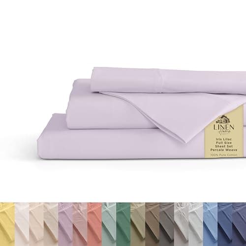 Linen Home 100% Cotton Percale Sheets Full Size, Iris Lilac, Deep Pocket, 4 Pieces Set - 1 Flat, 1 Deep Pocket Fitted Sheet and 2 Pillowcases, Crisp Cool and Strong Bed Linen