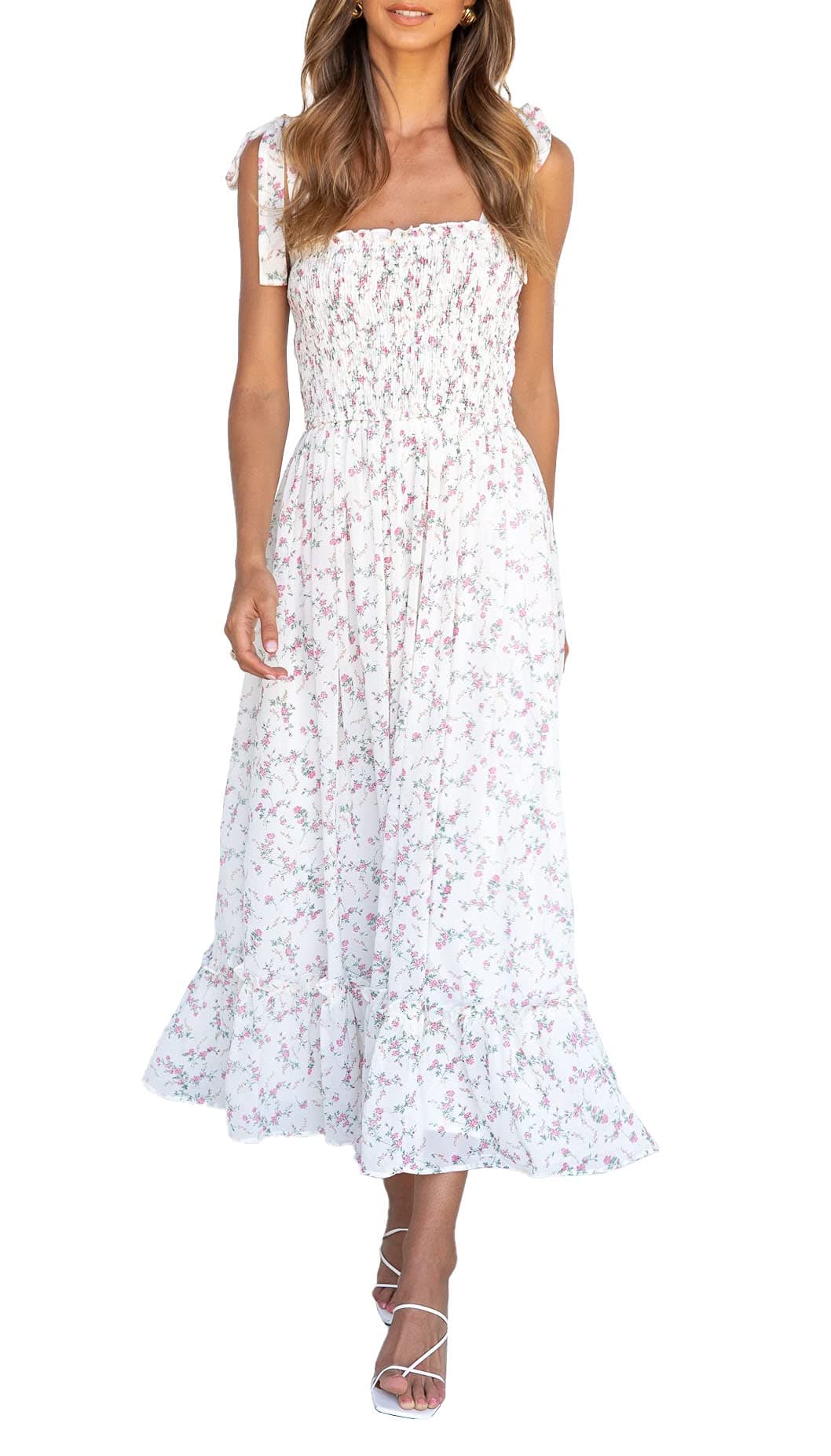 Imily Bela Womens Summer Dress Tie Strap Boho Floral Square Neck Smocked Ruffle A Line Beach Maxi Dresses White