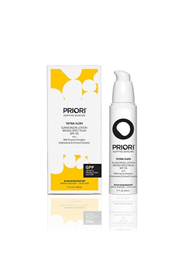 Priori Skincare Tetra Sunscreen Lotion Broad Spectrum SPF 55 Universal Skin Tint Zinc Oxide Facial Sunscreen Blue Light Protection Antioxidant Matte Finish 17 fl oz