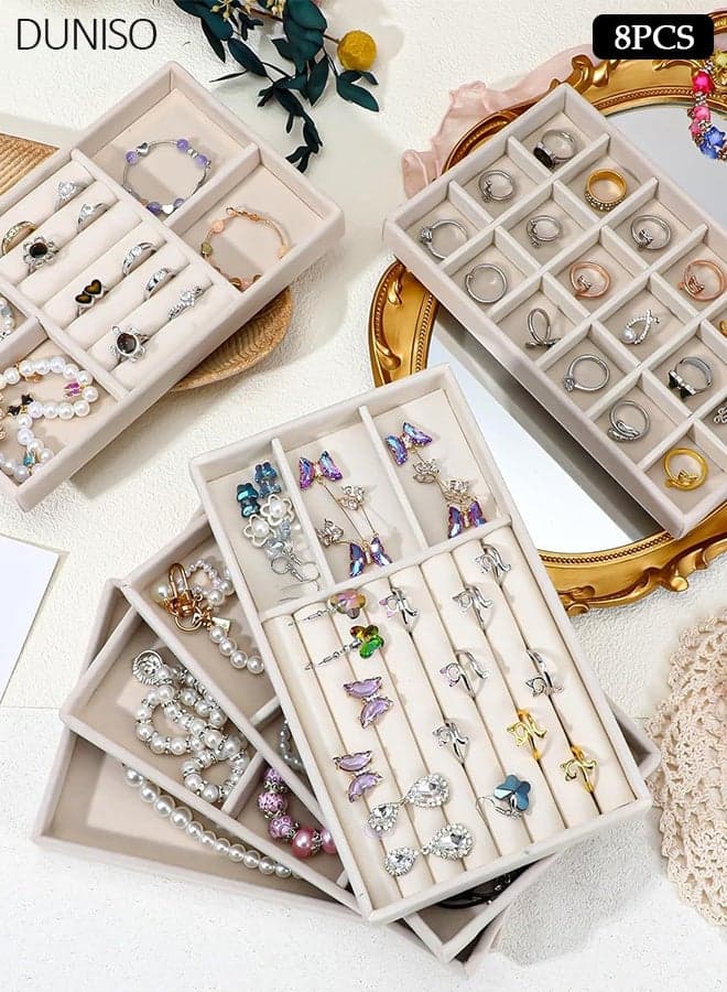 8 Pieces Beige Velvet Jewelry Trays Set, Multi Compartment Drawer Jewelry Organizer for Rings Earrings Necklaces