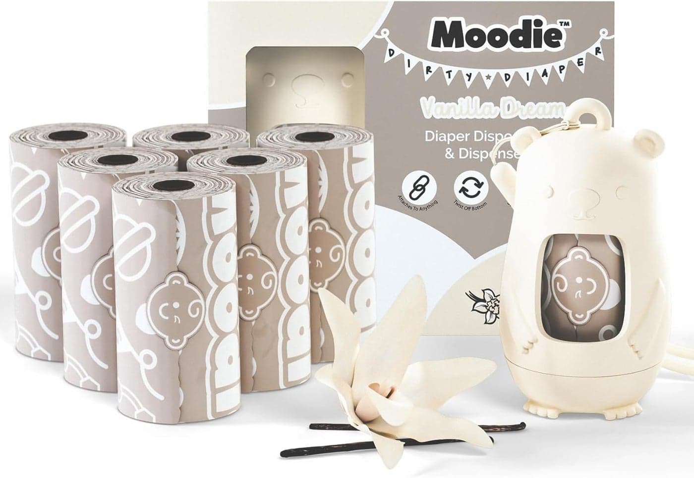 NEW Moodie Disposable Diaper Bags Dispenser COMBO PACK 105 VANILLA SCENTED Baby Poop Bags TOTAL Dirty Diaper Trash Bags Diaper Bags Disposable VANILLA DREAM