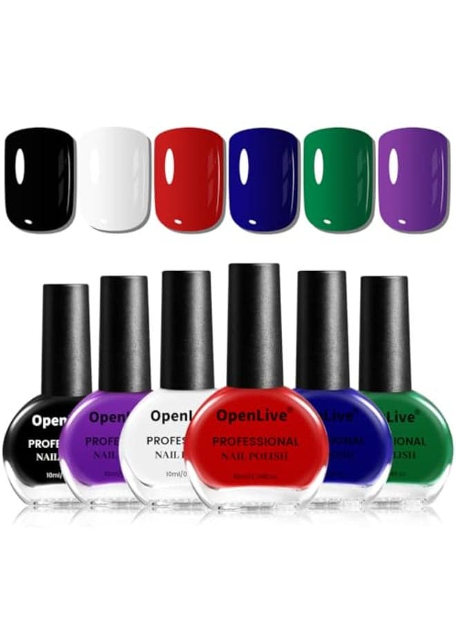 OpenLive 10ml Nail Polish Set 6 Colors Black White Red Deep Blue Dark Green Deep Purple All Seasons Neutral Color Quick Dry Nail Polish Set for Women Salon DIY Nail Art