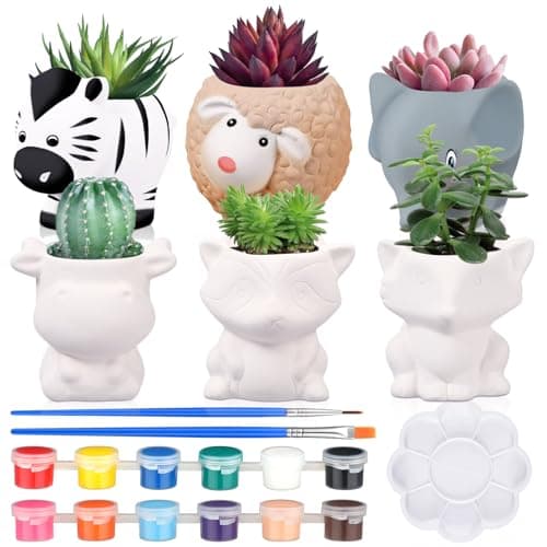 Beeveer 6 Sets Paint Your Own Animal Shaped Succulent Planter Spring Mini Unpainted Flower Pots Cartoon DIY Paintable Kit for Kids Classroom Craft Project Activity Birthday Gift