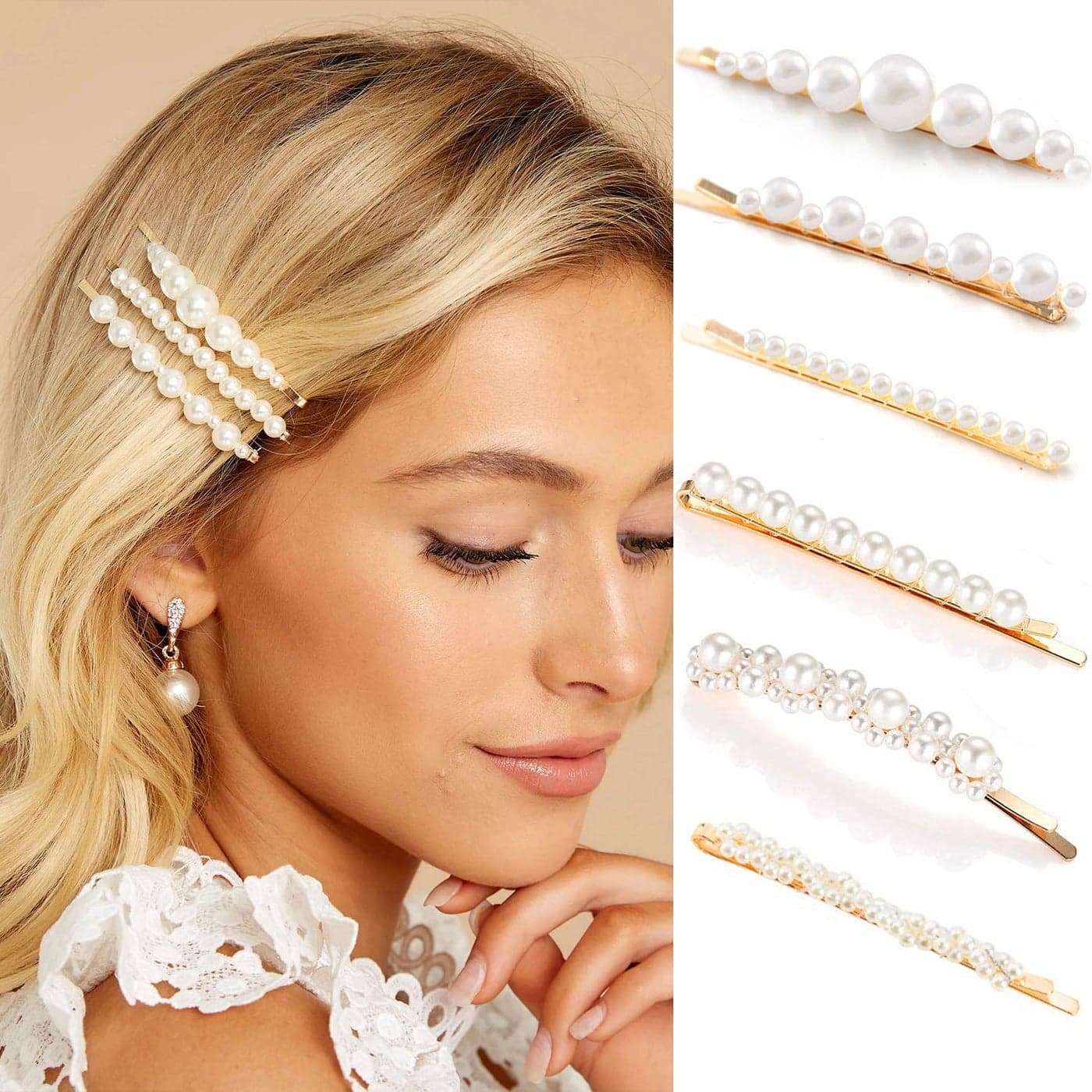 Gold pearl bobby pins Women Girls Valentines Mothers Day Hair Clip Barrettes Decorative accessories Bridal Wedding Birthday Prom Xmas holiday Party Gift 6 Pack