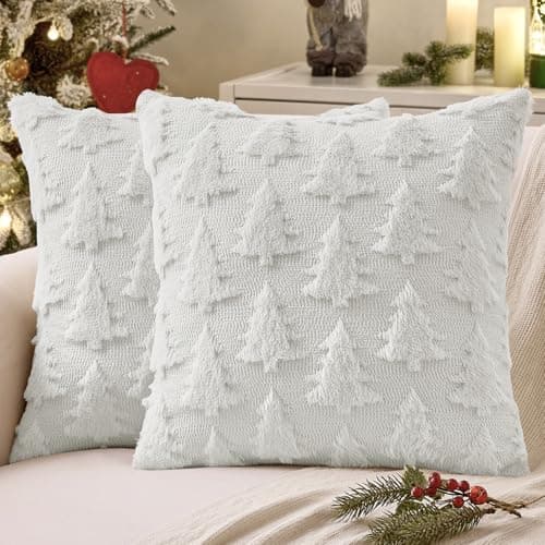 MIULEE Christmas Throw Pillow Covers Pure White Christmas Decorations Set of 2 Xmas Tree 20x20 Pillow Covers Soft Plush Faux Wool Pillowcases Holiday Festivals Winter Home Decor Sofa Couch Bed Porch