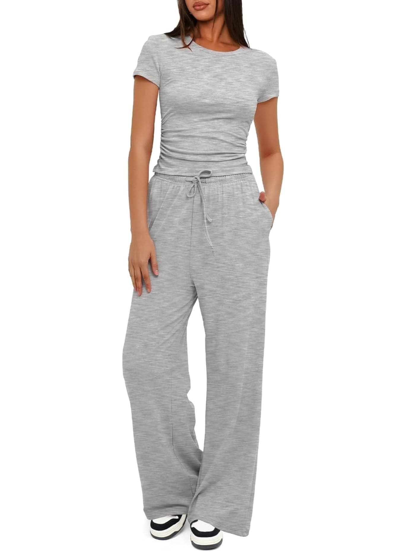 Darong Women's 2 Piece Outfits Lounge Sets Ruched Short Sleeve Tops and High Waisted Wide Leg Pants Tracksuit Sets 9042B Athletic Grey M