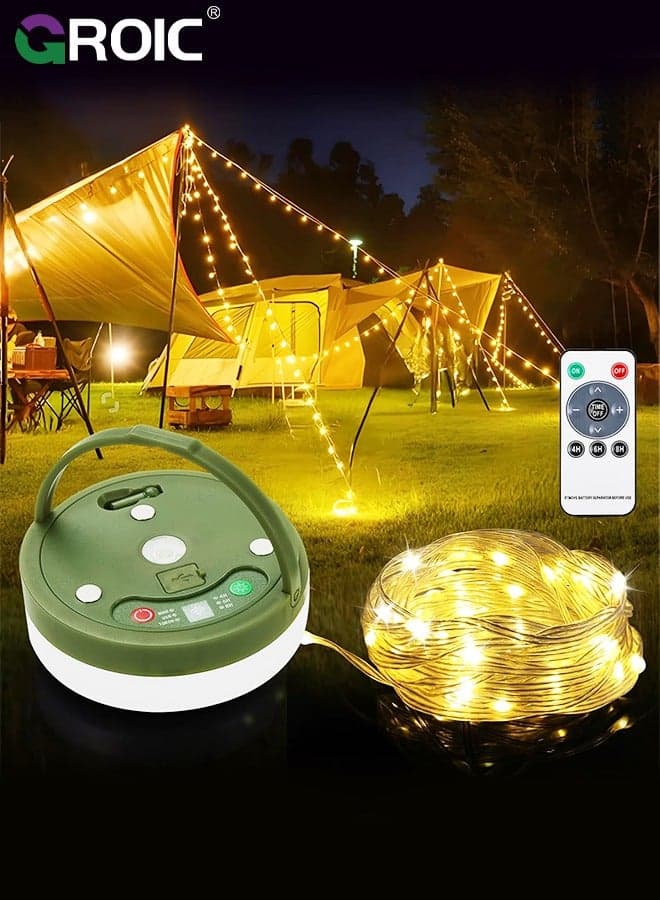 2 in 1 Camping String Lights, 10M String with Warm White 132 LEDs, USB Rechargeable with Remote Control, Adjustable Brightness, Light Modes, Portable Camping Light for Outdoor, Decoration