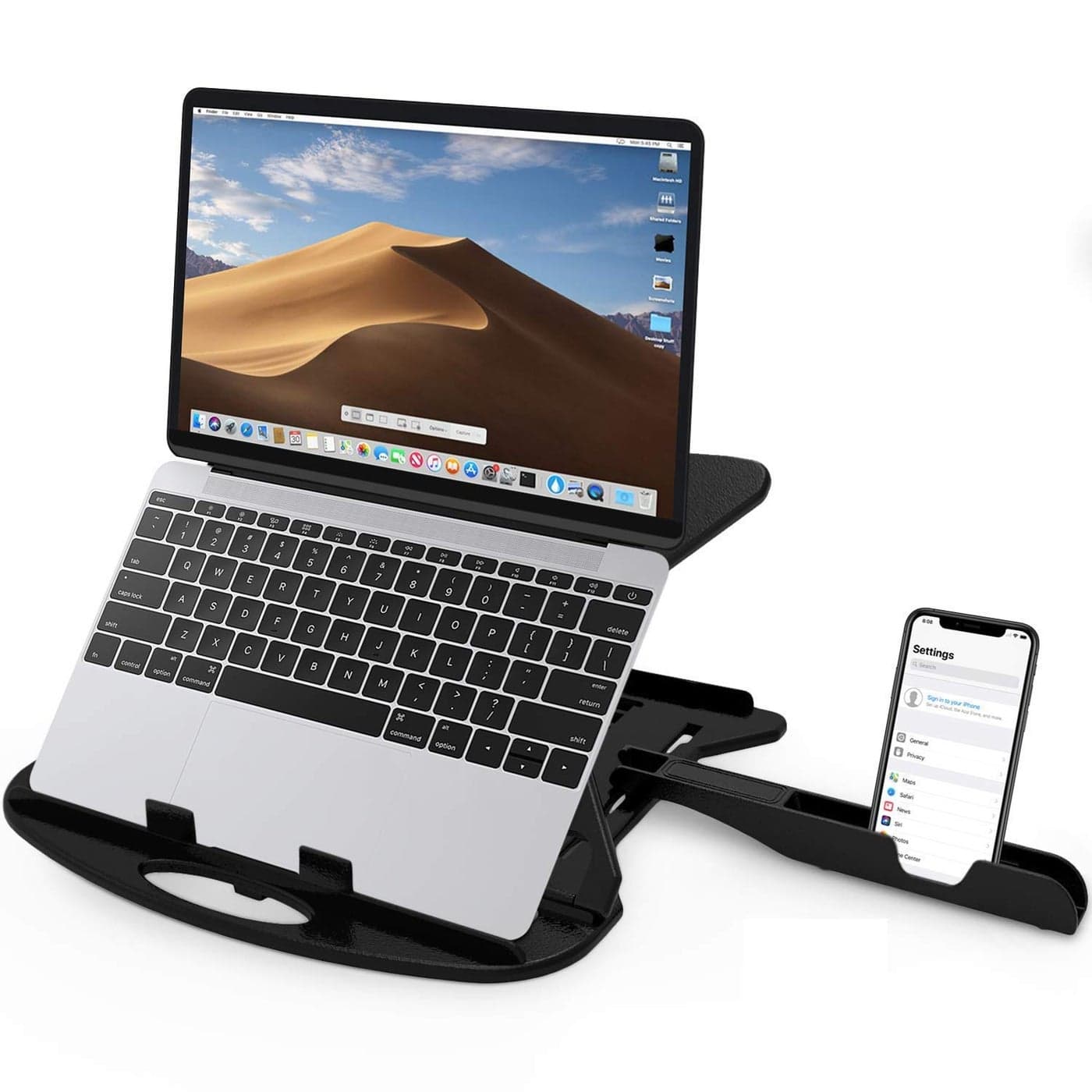 STRIFF Adjustable Laptop Tabletop Stand Patented Riser Ventilated Portable Foldable Compatible with MacBook Notebook Tablet Tray Desk Table Book with Free Phone Stand Black