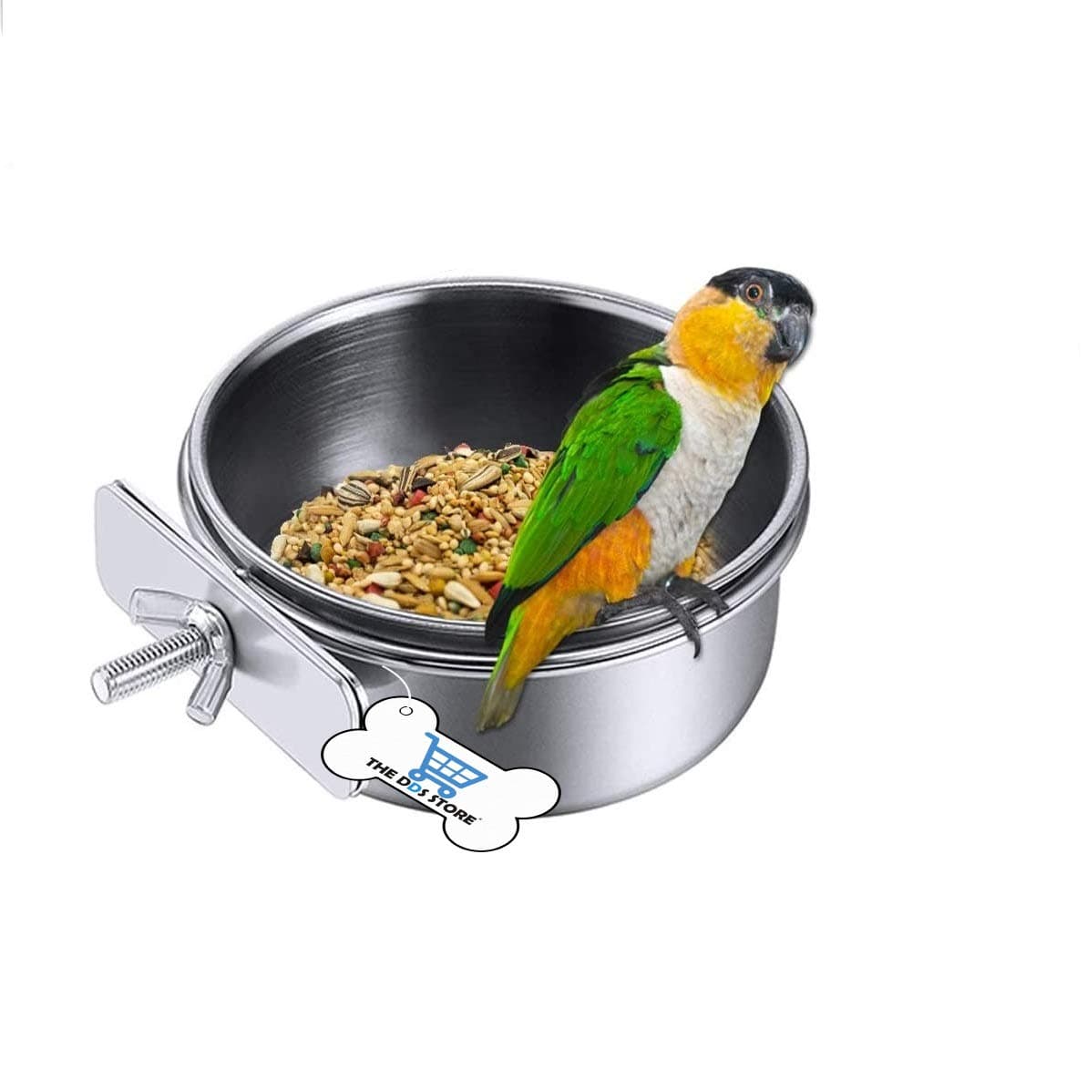 THE DDS STORE Bird Food Feeding and Drinking Hanging Cup Clamp Holder Stainless Steel Hanging Bowl for Parrot Macaw African Greys Budgies Parakeet Cockatiels Conure Lovebirds Finch Pigeon Cage 500ML
