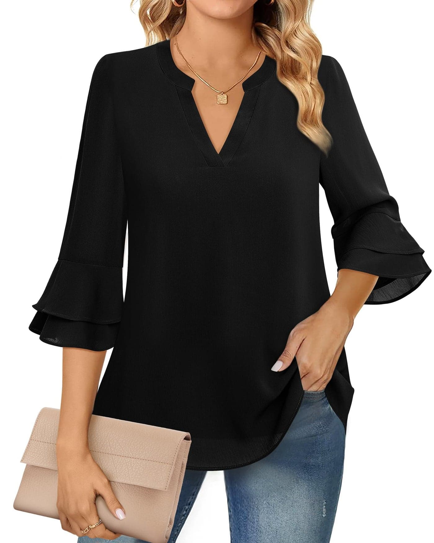 Lotusmile 3/4 Length Sleeve Womens Tops, Henley V Neck Shirts Womens Blouses Dressy Casual Double Layered Ruffle Sleeve Shirt Tunic Tops for Women Loose Fit Dressy Black