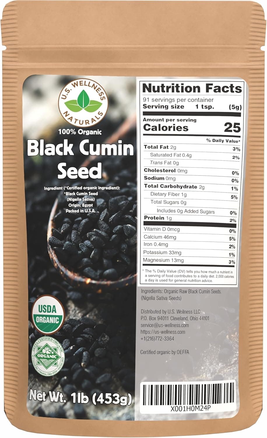 U.S. Wellness Naturals 100% Organic Black Cumin Seed - 1lb (16oz) Bulk Nigella Sativa from Egypt