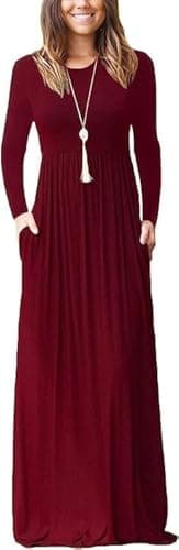 MISFAY Women's Long Sleeve Loose Plain Maxi Dresses Casual Long Dresses Pocket(Wine Red,XL)